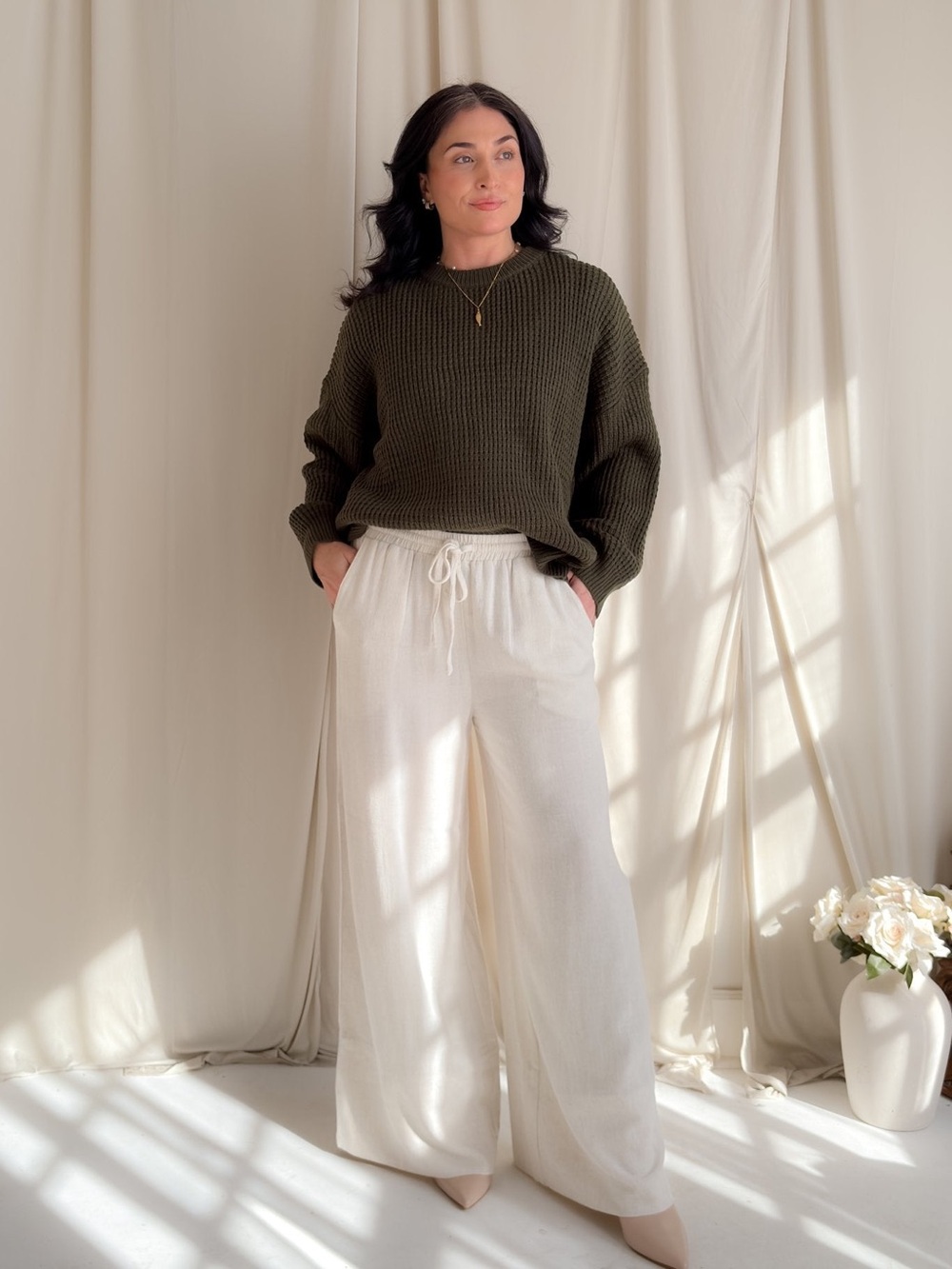Wide Leg Drawstring Linen Pants in Cream